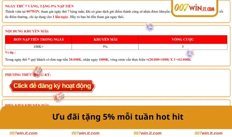 Ưu đãi tặng 5% mỗi tuần hot hit